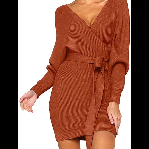 Women's V Neck Sweater Dress Long Sleeve Backless Bodycon Dress w/Belt - Picture 5 of 10